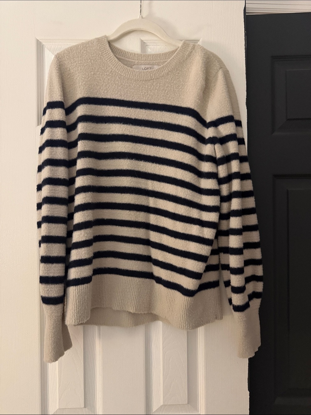 LOFT Cream and Navy Striped Crewneck Sweater